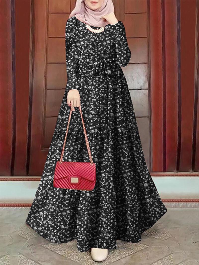 Product Introduction of Women's Floral Print Belted A Line Dress, Modesty Elegant Long Sleeve Keyhole Neckline Dress for Fall & Winter, Women's Clothing for Daily Wear 14