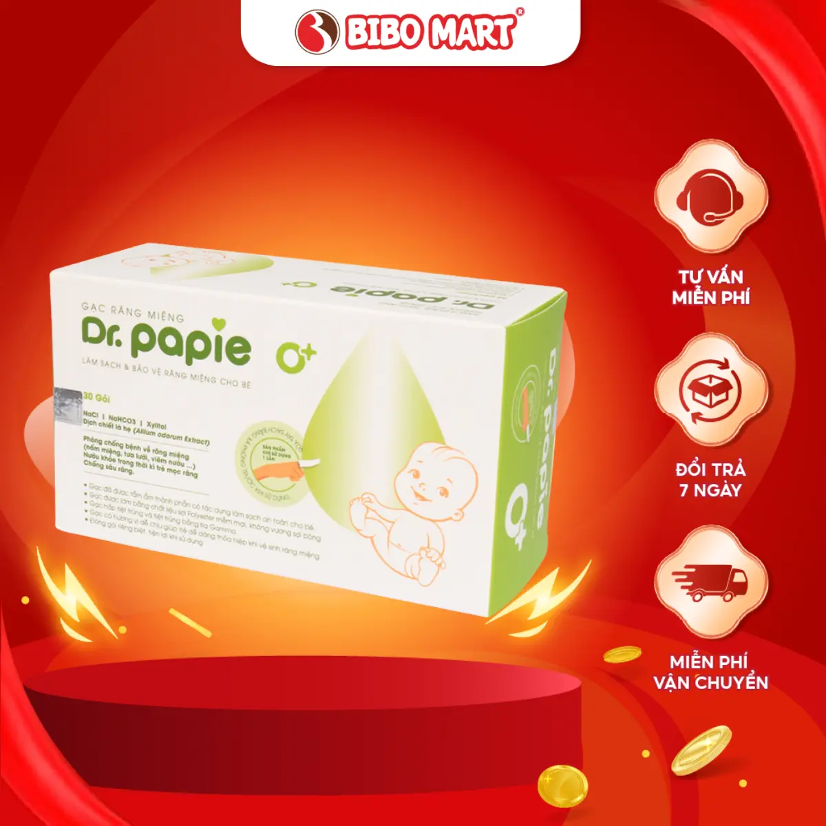 [BEST SELLER] Gạc Rơ Lưỡi Dr.Papie Gạc Vệ Sinh Răng Lưỡi Nướu và Khoang Miệng Cho Bé 30 Miếng/Hộp - Bibo Mart