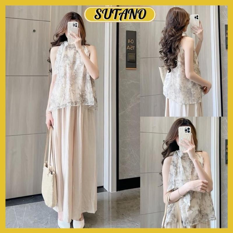 Set bộ quần áo yếm set bộ yếm voan tơ họa tiết hoa kèm quần suông đũi mềm tiểu thư sang chảnh B402 SUTANO
