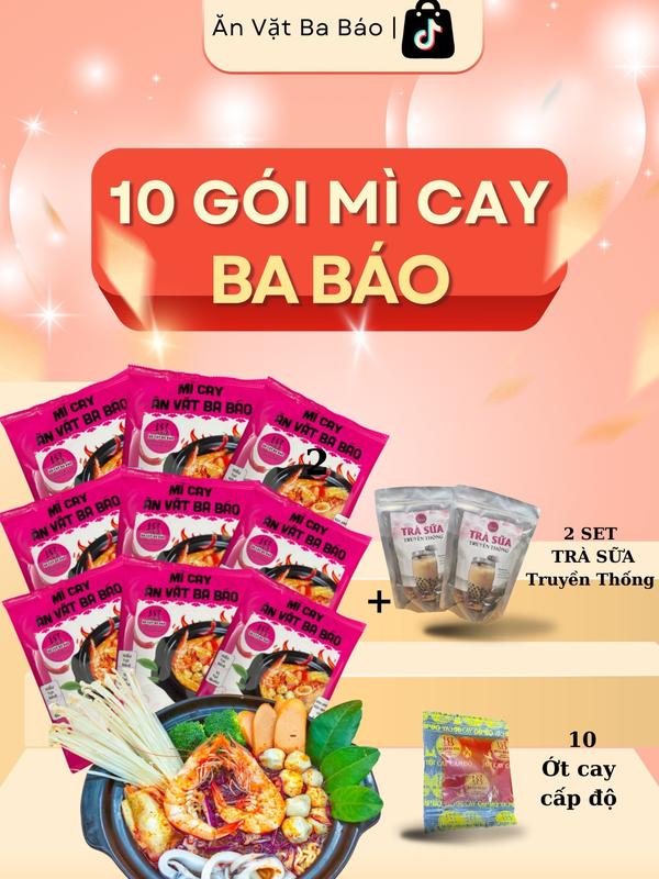 Combo 10 gói mì cay Ăn Vặt Ba Báo cốt pha sẵn chuẩn tại quán 1 gói kèm súp 180g - Set mì cay tự nấu ngay tại nhà KÈM 2 SÉT TRÀ SỮA 1 ỚT CẤP ĐỘ Food