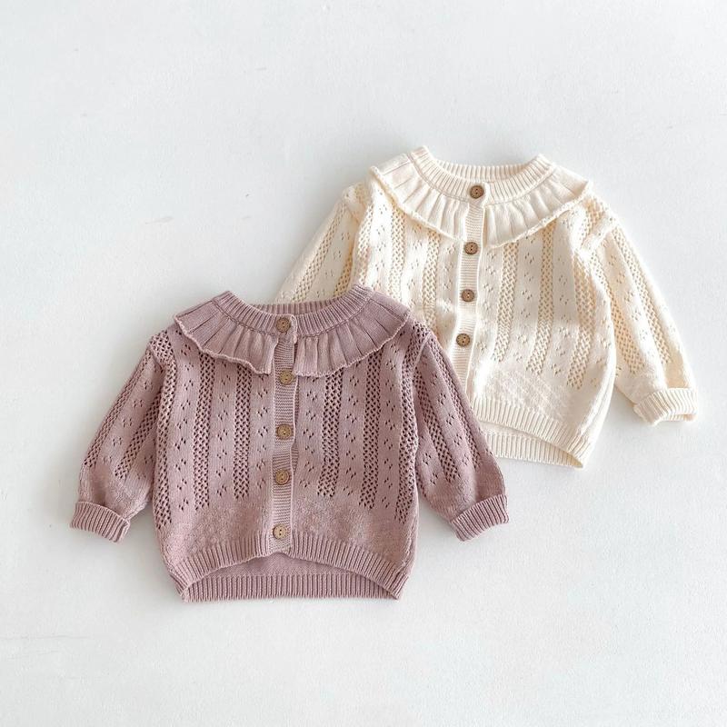 Product Introduction of Korean Baby Girl Autumn Hollow Out Sweater Cardigan Kids Fashion Cotton Ruffle Collar Knitted Jacket Spring Solid Outerwear Coat 10