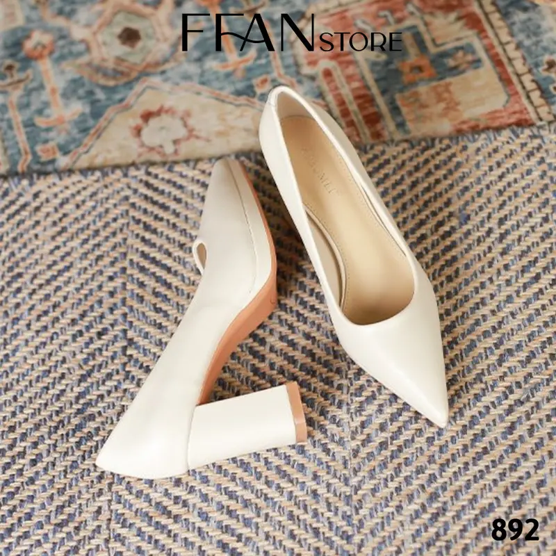 Giày cao gót mũi nhọn đúp đế vuông 8 phân 892 FFANSTORE, bít mũi da mềm mại big size màu đen be trắng đen da lộn 8