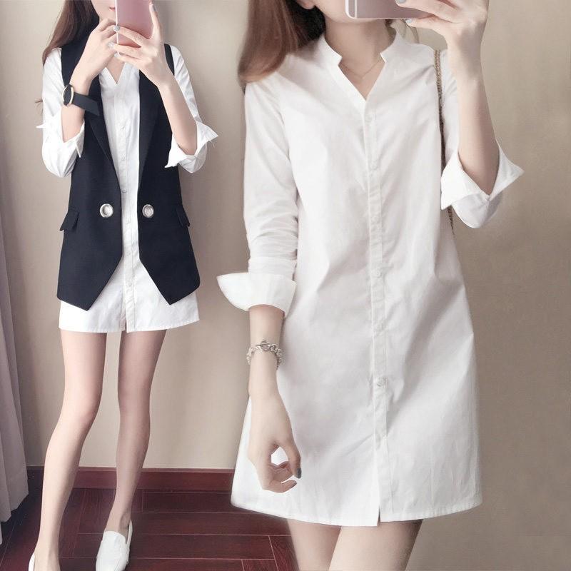 Đầm Sơ Mi Ôm, Thời Trang Nữ Và Bé Gái, Màu Trắng, Dài Tay, Đường Viền Cổ Chữ V Women Dress Váy 3