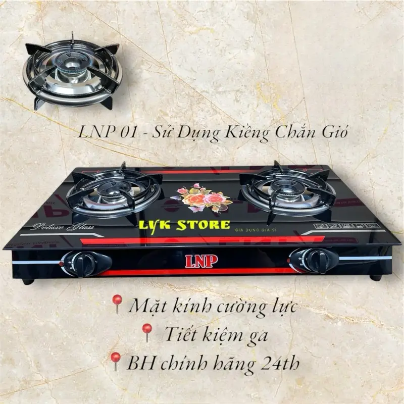 Bếp Ga.s Đôi chén nhôm mặt kính LNP 01 [ HOA ] - KIỀNG CHẮN GIÓ -  [ BẾP KHÔNG KÈM VAN DÂY GAS ]