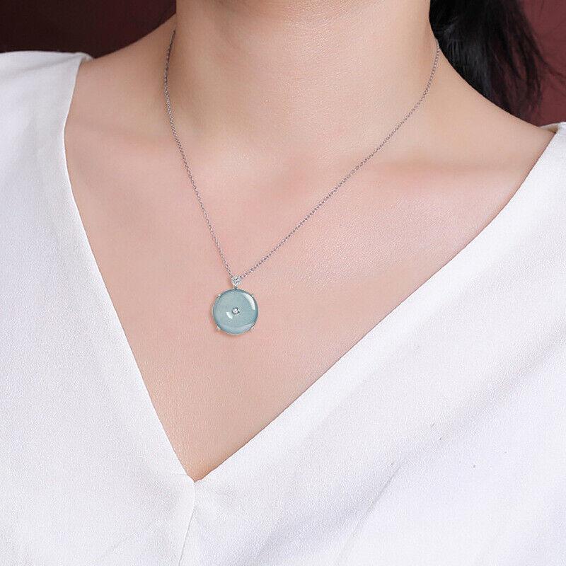 S925 silver inlaid with natural A jadeite blue water safety buckle ice jade pendant pendant necklace men's and women's pendant 1