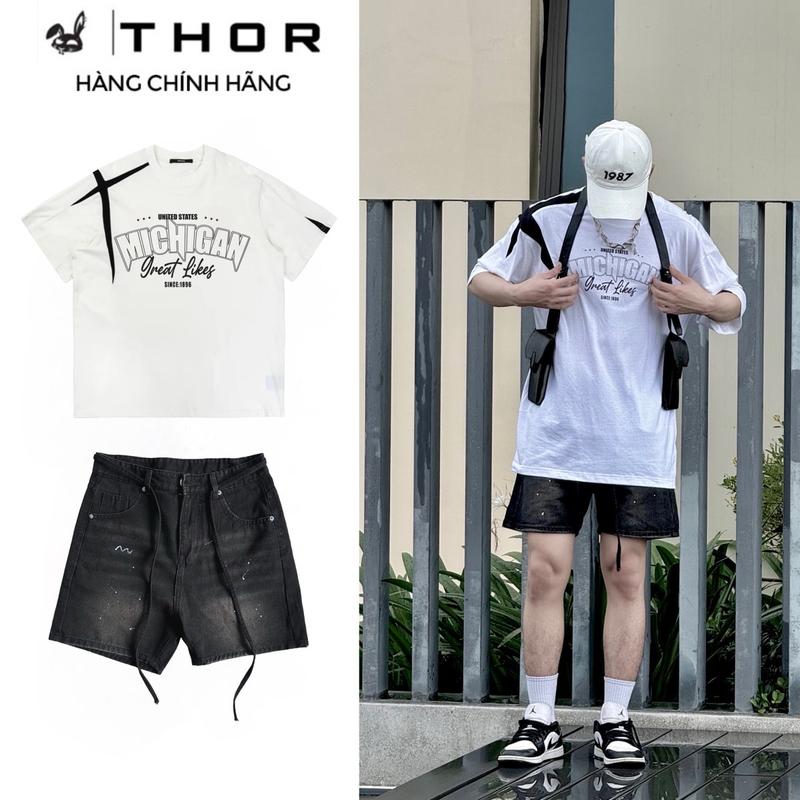 THOR set tiết kiệm gồm áo thun trắng in Chigan và quần short jean dáng ngắn unisex Nam Kem