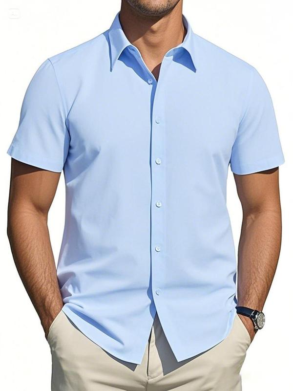 Men's Regular Fit Solid Short Sleeve Shirt, Casual Button Down Collared Top for Summer, Fashion Men's Clothes for Daily Wear 7