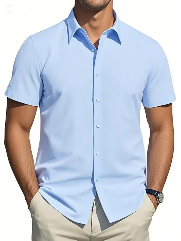 Men's Regular Fit Solid Short Sleeve Shirt, Casual Button Down Collared Top for Summer, Fashion Men's Clothes for Daily Wear 7
