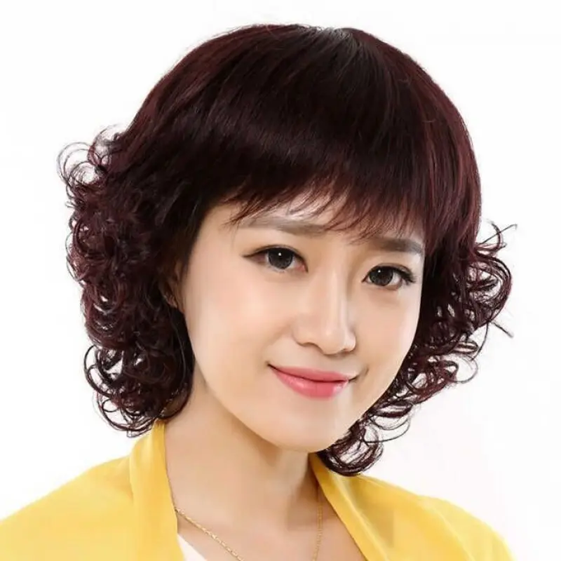 Middle-Aged and Elderly Wig Women's Short Hair Mother Wig round Face Women's Short Curly Hair Full Head Fashion Simulation Wig Sheath