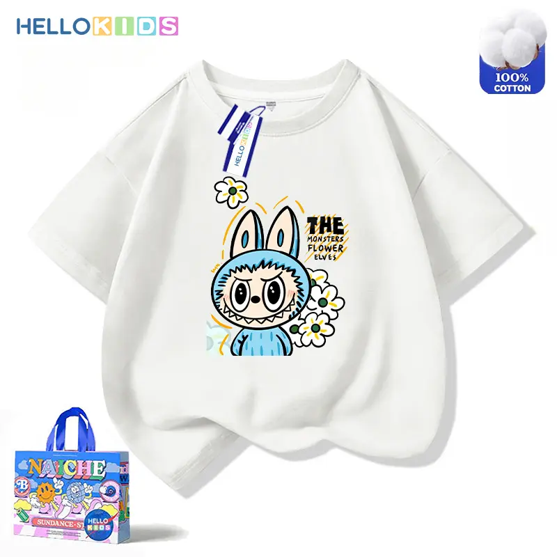Áo Thun Ngắn Tay 100% Cotton, In Hình Labubu, Phong Cách Dễ Thương, Thời Trang Trẻ Em, Áo Thường Ngày