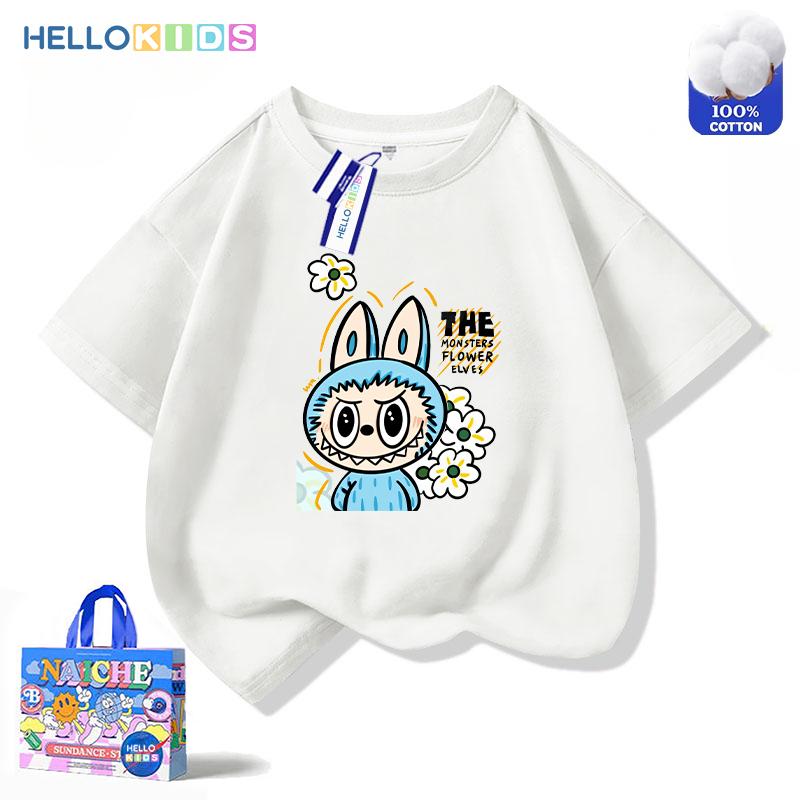 Áo Thun Ngắn Tay 100% Cotton, In Hình Labubu, Phong Cách Dễ Thương, Thời Trang Trẻ Em, Áo Thường Ngày 0