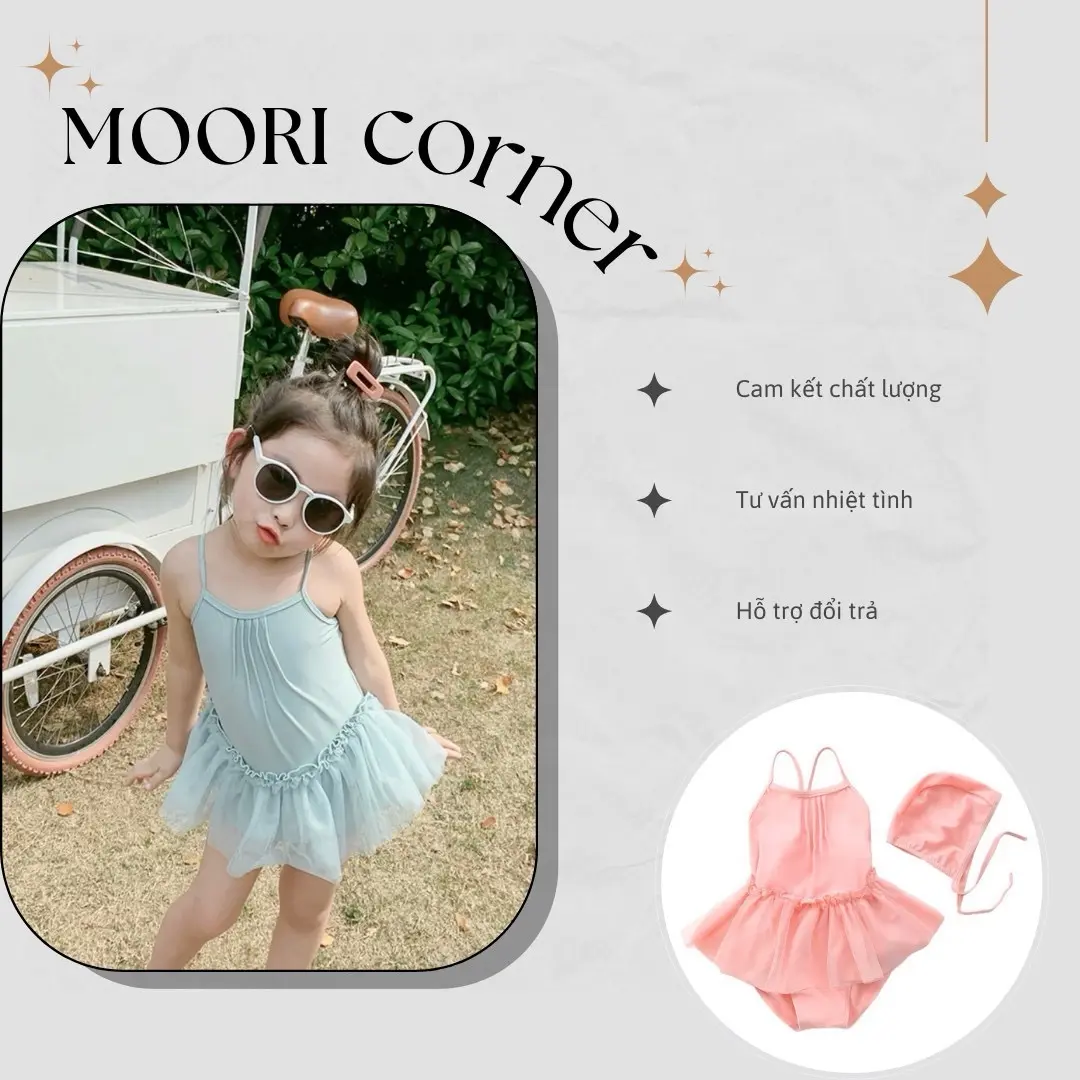 Đồ bơi bé gái một mảnh dễ thương, điệu đà tặng kèm mũ bơi | Đồ bơi trẻ em từ 1-7 tuổi | Áo bơi liền thân xinh xắn, bikini | Moori Corner