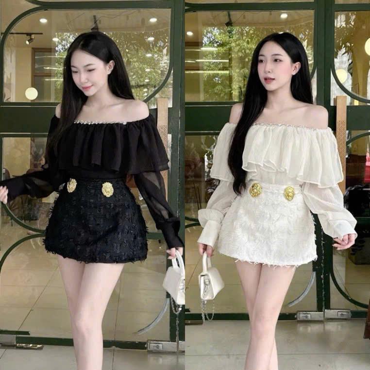 Set váy dạ áo trễ vai bèo xinh Nữ Women Top thường set  váy Voi Nhung set  dạ đồ bộ  tết set  đồ  đẹp