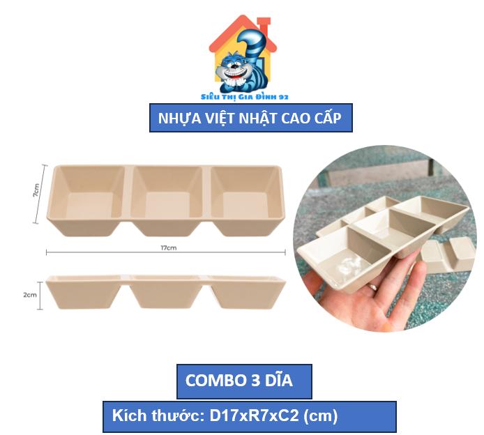 Combo 3 Chén Đựng Nước Chấm Gia Vị 3 Ngăn Vuông - Đĩa Chấm Nhựa Việt Nhật Cao Cấp 1221