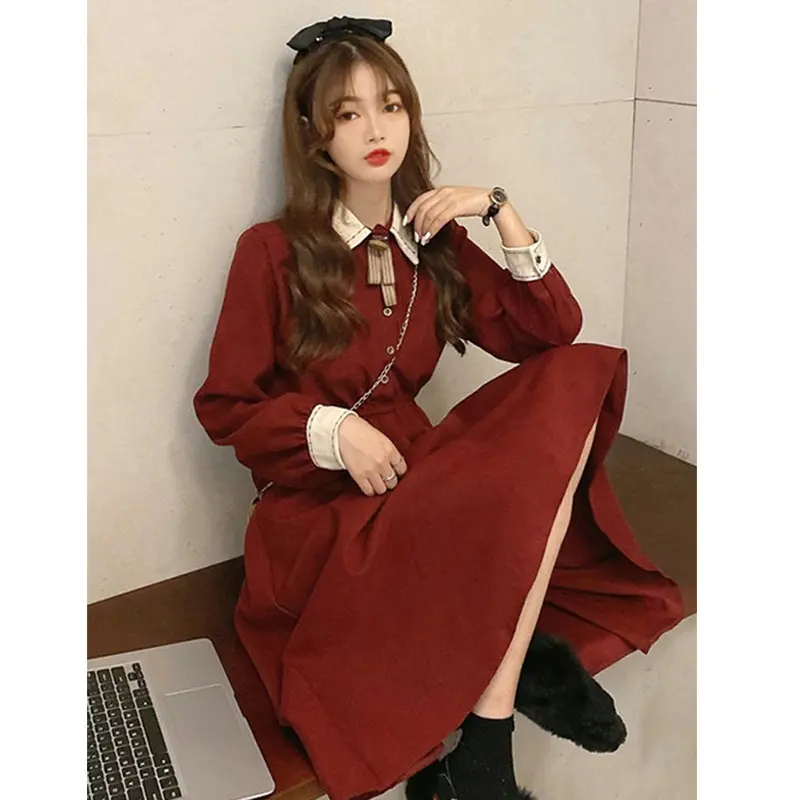 Váy Giáng Sinh, Dành Cho Nữ, Màu Đỏ, Dài Tay, Thích Hợp Cho Đầu Xuân Và Mùa Thu, Phong Cách Tình Yêu Đầu Tiên Nhẹ Nhàng Kiểu Pháp, Váy Dài Nhỏ MTM560 5