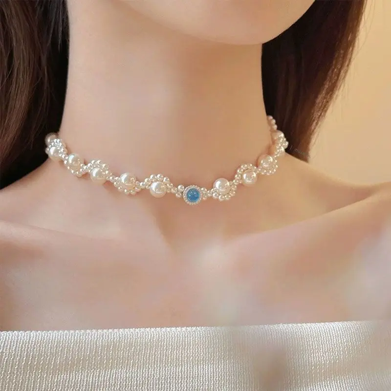 Aquamarine Pearl Necklace for Women 925 Silver French Light Luxury Elegant Niche Design Simple Temperament Versatile Clavicle Chain