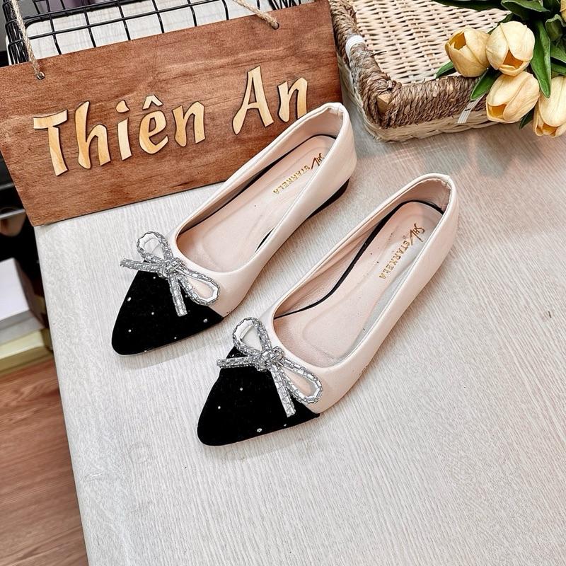 Giày búp bê nữ phối màu nơ đá đa mềm gót cao 2 phân TA69( Form Rộng đặt giảm 1 Size)