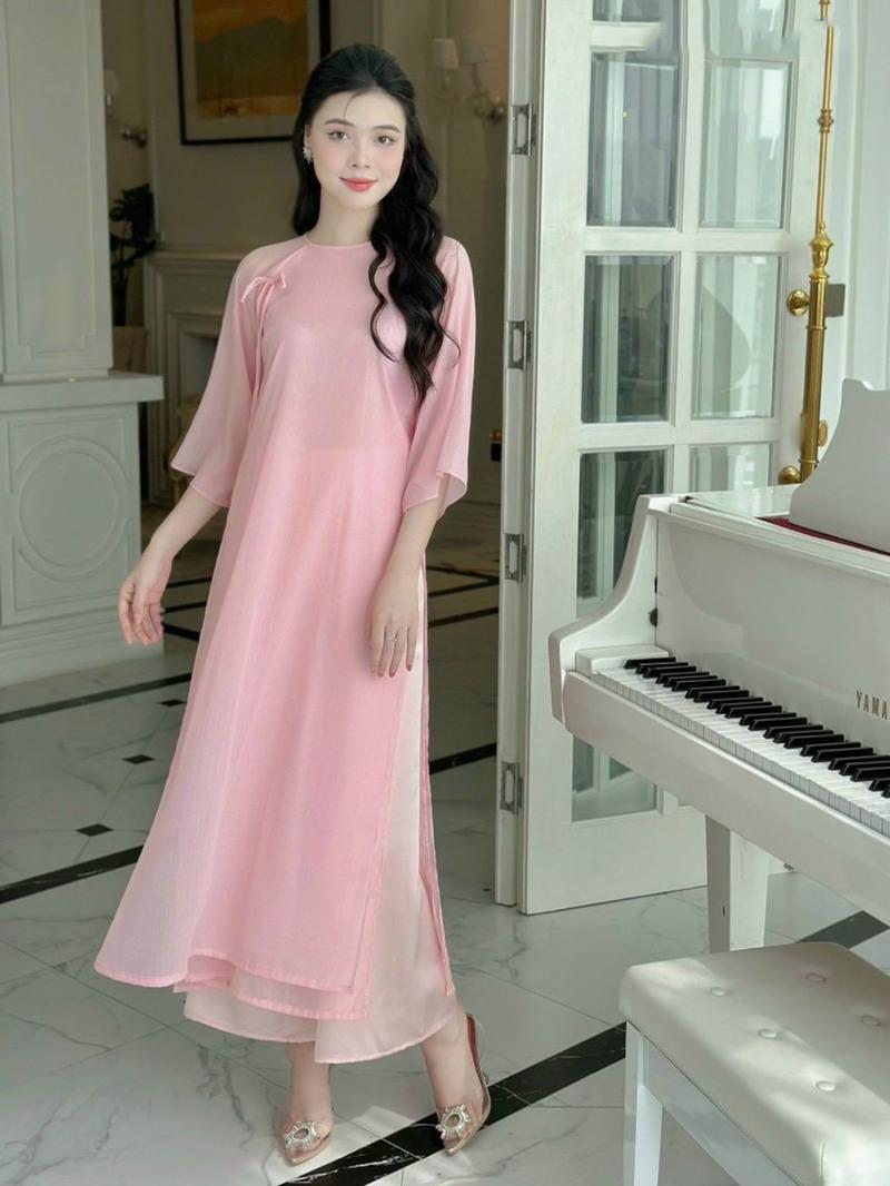 Product Introduction of Áo dài cách tân nữ 4 tà dáng suông thiết kế tay voan tơ cổ tròn thắt nơ màu Hồng, Áo dài nữ truyền thống Ngọc Trâm 12