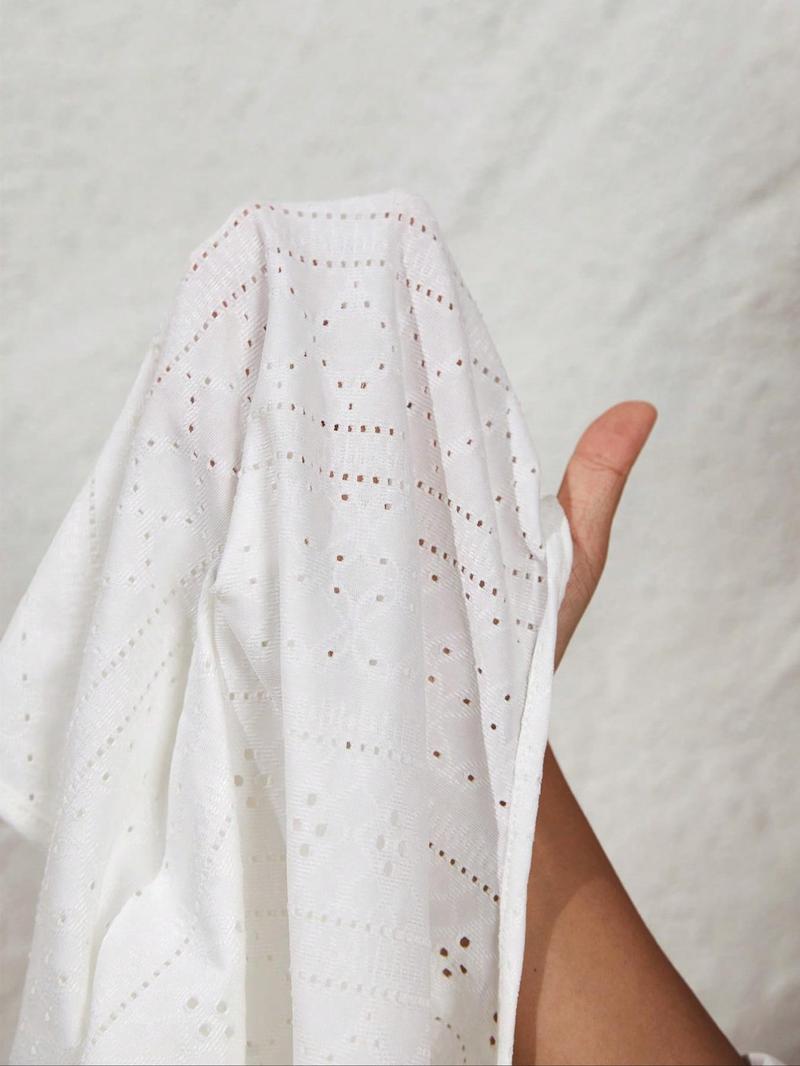Product Introduction of 【Plus Size】 Solid Eyelet Embroidery Ruffle Trim Bodysuit, Casual Wrap Bodysuit for Summer, Women's Clothes for Daily Wear 9