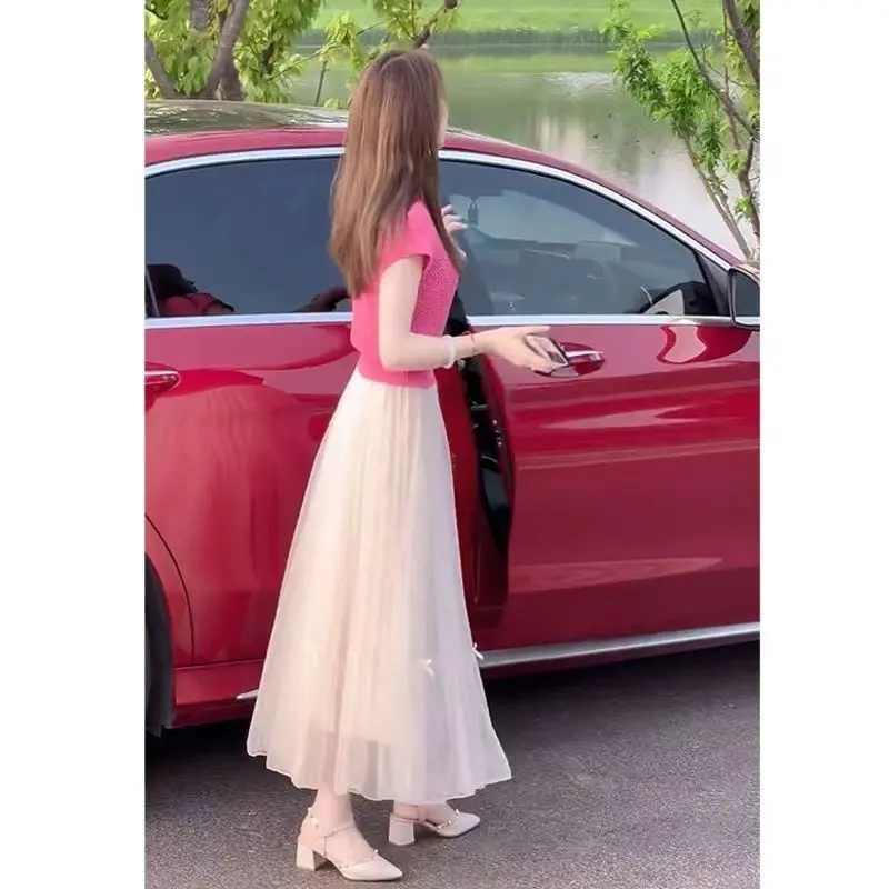 Bộ Quần Áo Mùa Hè, Dòng Trà, Trang Phục Nam Cỡ Nhỏ Phong Cách Phương Tây, Màu Đỏ Hồng, Áo Vai, Váy Lưới