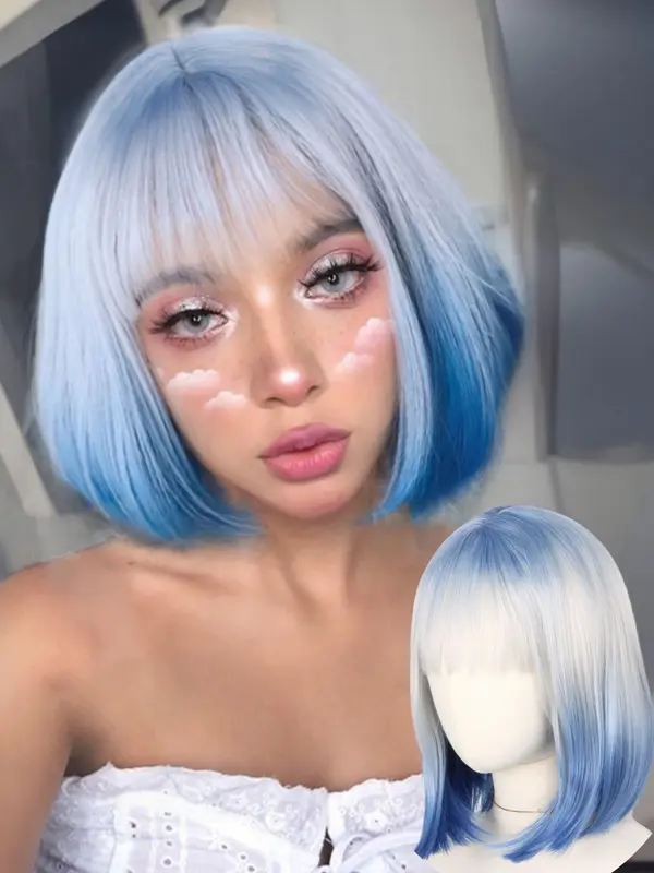 14 Inch Blue & White Short Bob Wigs for Women, Gorgeous Fluffy Wigs with Bangs, Synthetic Full Machine Wigs for Party, Daily Use 0