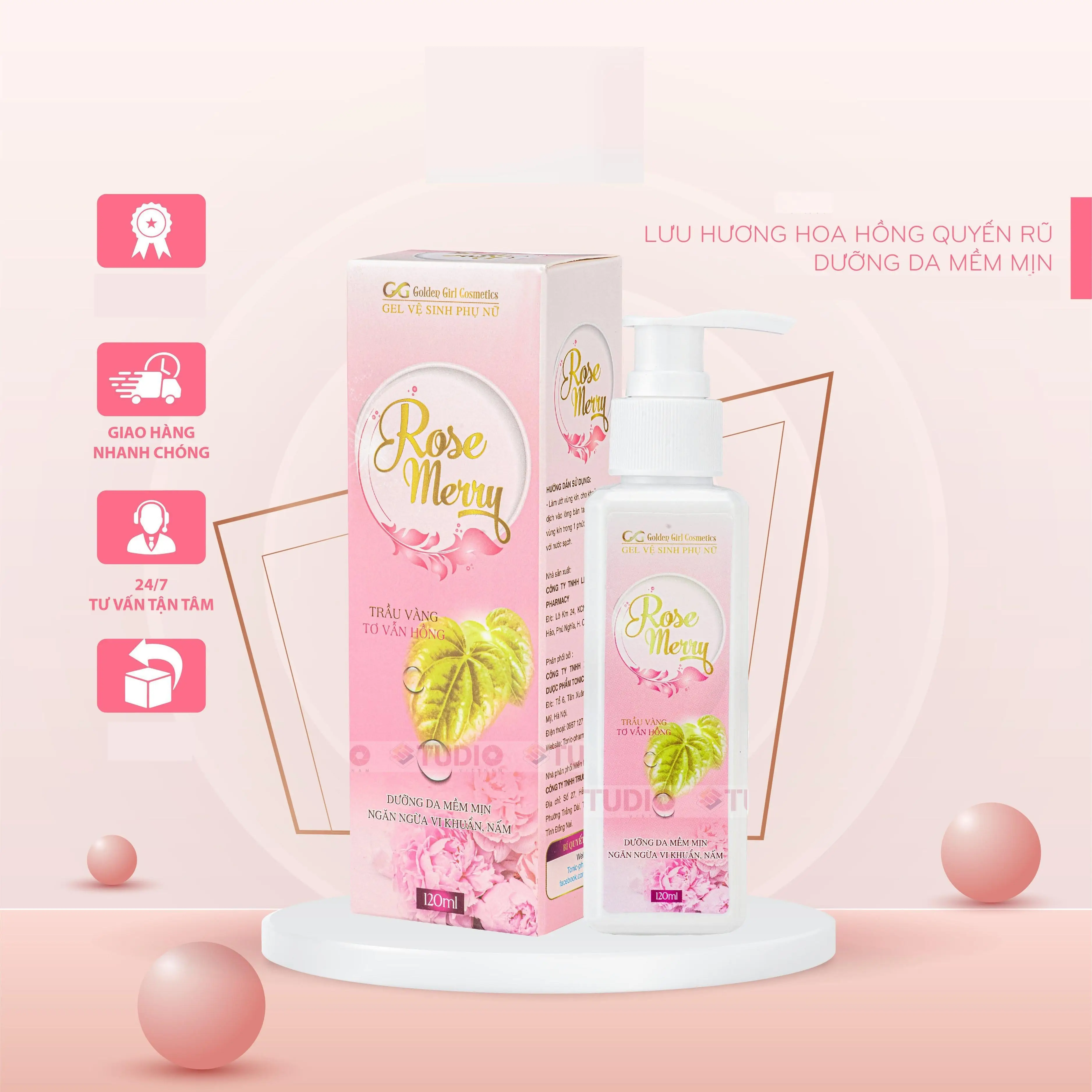 (Che Tên Trên Hộp Hàng) Dung Dịch Vệ Sinh Lá Trầu Không Rose Merry 120Ml - Mua 2 Tặng 1 Nước Hoa Vùng Kín Nữ Trà Vesinh Phunu