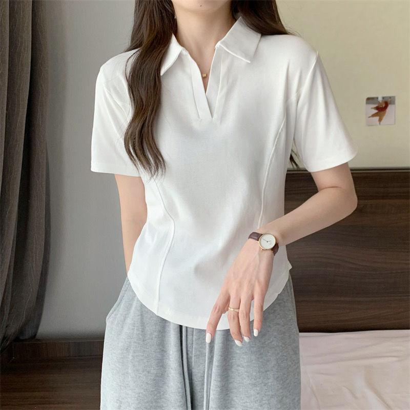 Product Introduction of Summer New Korean Style Polo Collar Solid Color Short-Sleeved Top for Women Slim Casual All-Match T-shirt Women 5