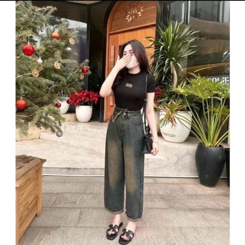 Quần jean nữ lưng baggy nữ ống rộng phủ dơ lưng cao Denim Women Pants 2