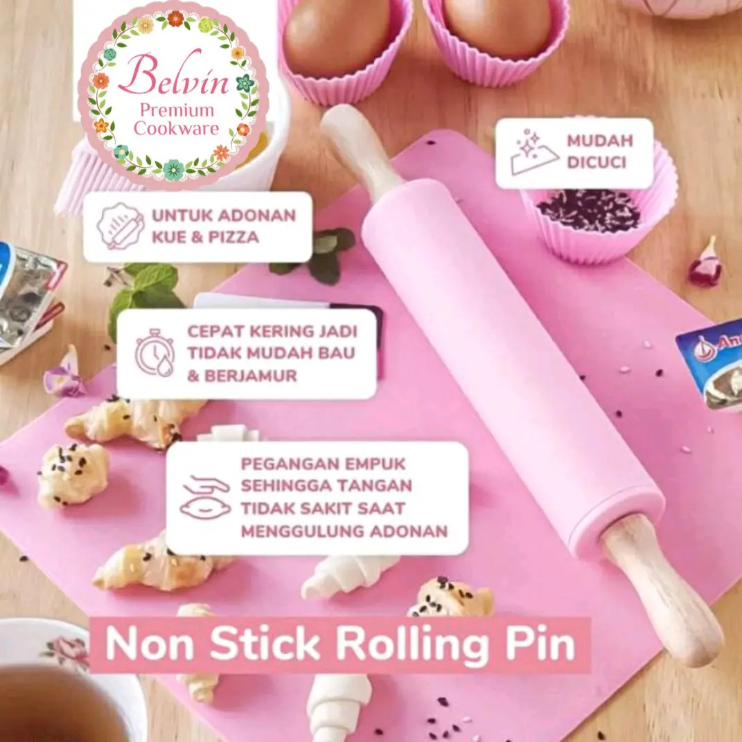 Rolling roll pin giling gilingan penggiling penggilas gilasan adonan bahan pembuat kue roti silikon silicone gagang kayu panjang 46cm 46 cm food grade