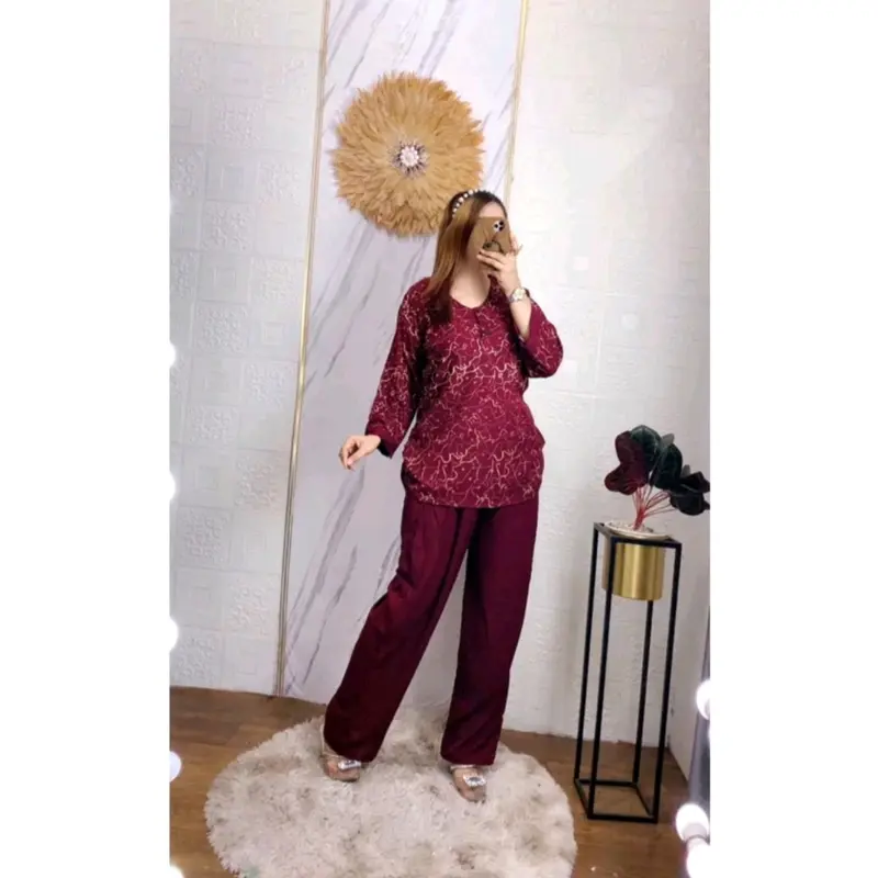 Setelan Wanita CPLP Lengan panjang Motif Abstrak Kancing Nyaman Atasan Baju Celana Rayon Santai Variasi Panjang Pendek one set rayon lengan panjang 2