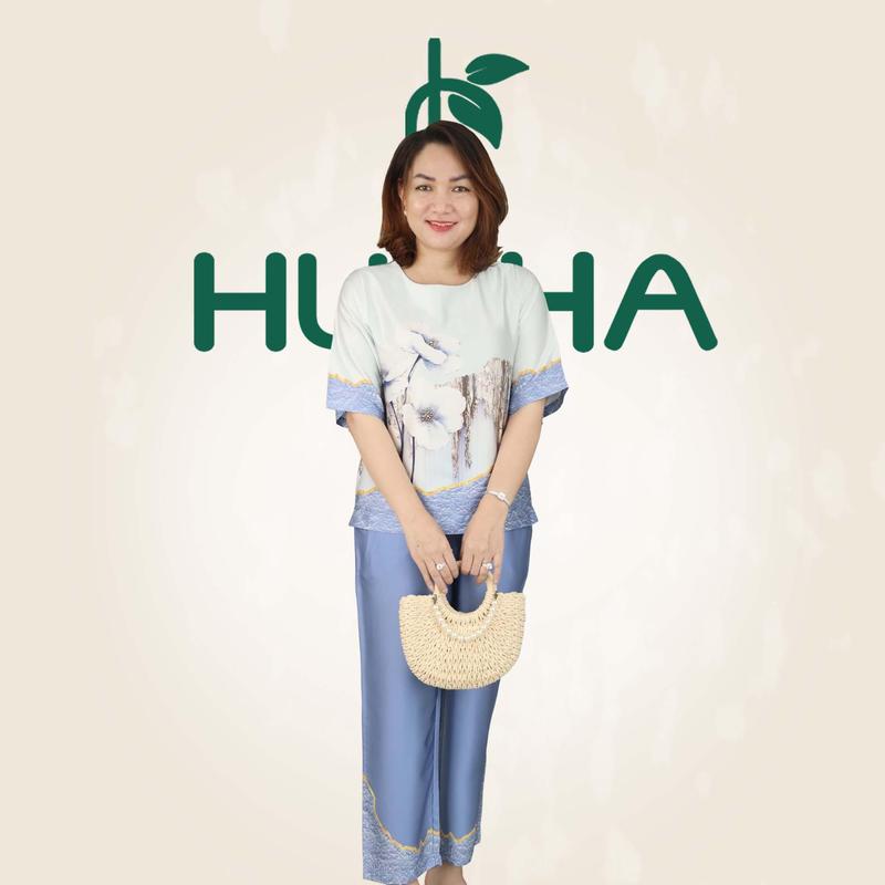 (Mẫu HA16) - Đồ trung niên nữ HUY HÀ, chất vải lụa tơ tằm, áo cổ tròn quần 9 tất