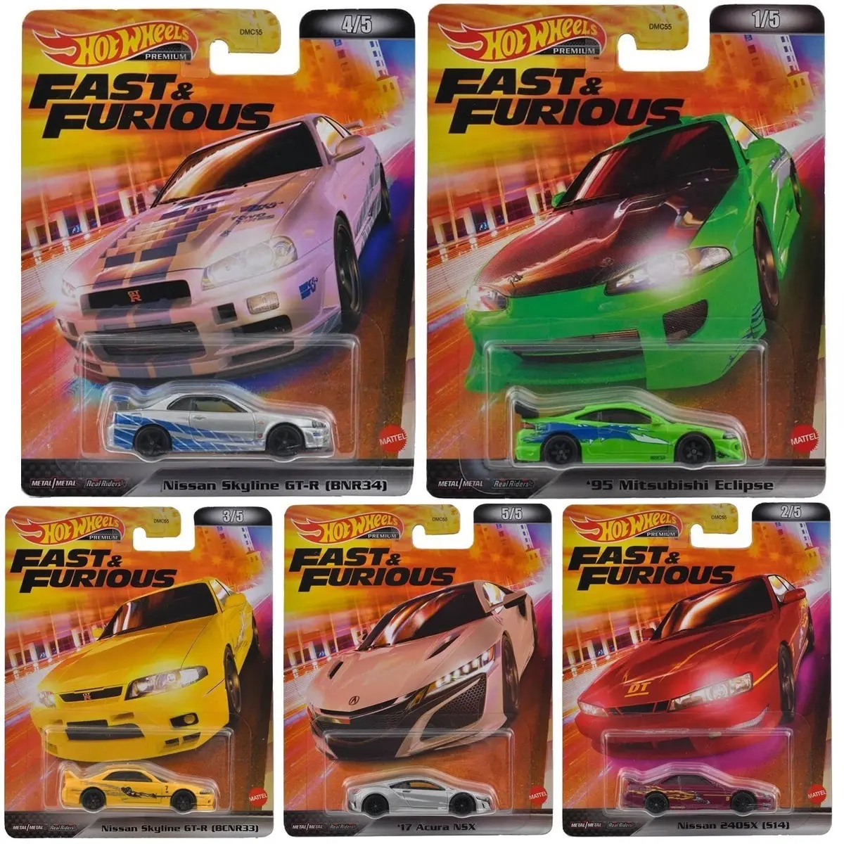 Hot Wheels Premium Fast And Furious 2023 NISSAN SKYLINE R33, NISSAN SKYLINE R34, MITSUBISHI ECLIPSE, ACURA NSX, NISSAN 240SX