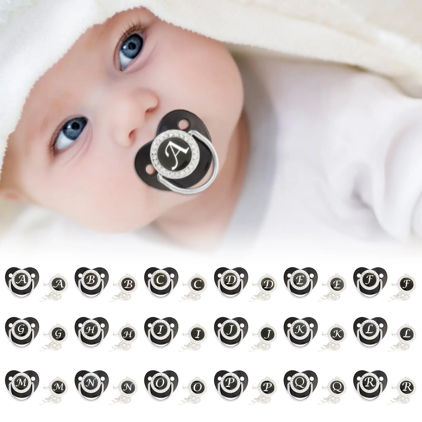 Lhebayrt 1 Set Baby Pacifier with Rhinestone Chewy 26 Letters Optional Bling BPA Free Pacifier Teether Newborn Supplies for Home