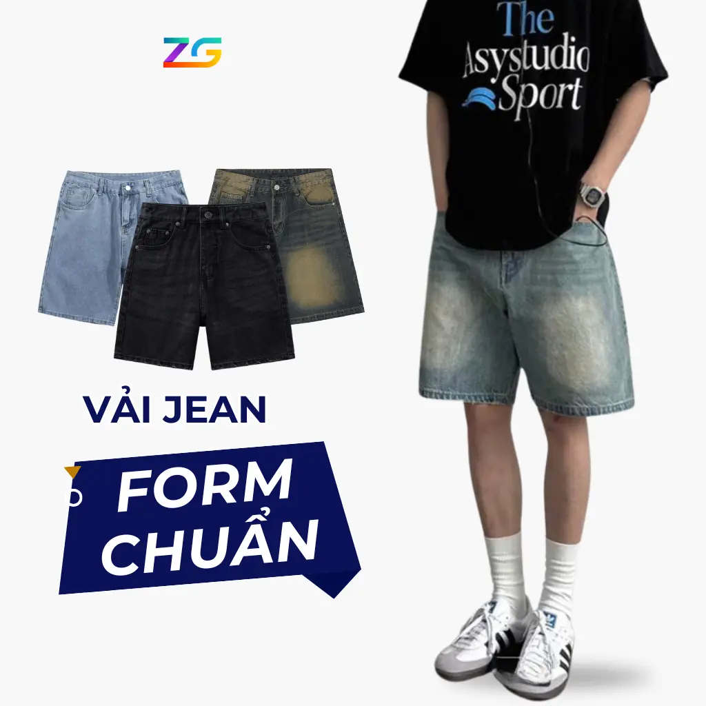 Quần short jean nam ngắn ống rộng form trên gối chất vải jean dày dặn JZGO10 Menswear Ong Có Túi đùi