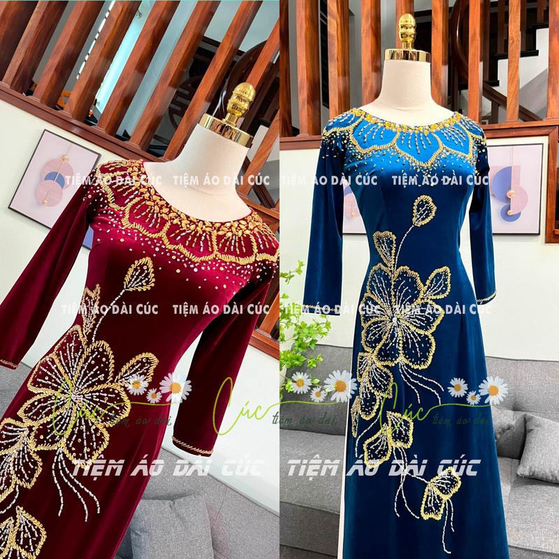 [ ảnh thật ] áo dài mẹ sui chất liệu nhung màu xanh cổ vịt và đỏ đô , đính kết đá và pha lê cao cấp Nữ Dress Váy Đầm Women