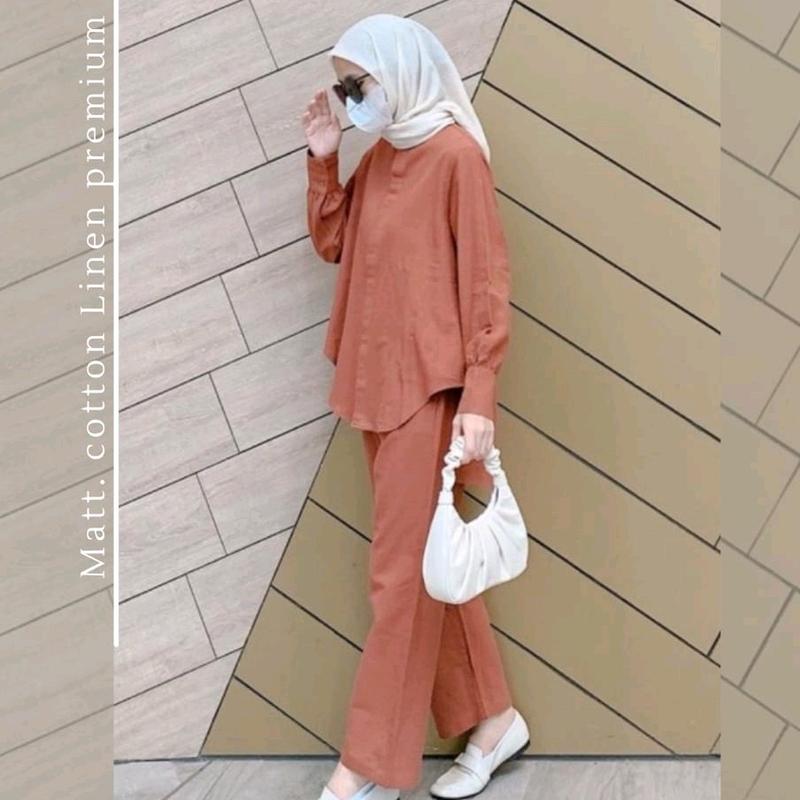 Sandara setelan/sabrina setelan/setelan linen rami/setelan polos/READY STOCK Baju Celana Kancing Muslim Wanita Kulot Dewasa Katun Panjang 3