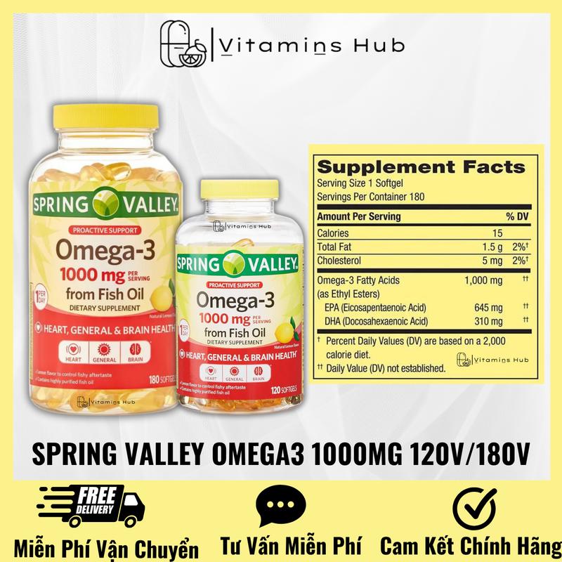 Viên uống Spring Valley Omega 3 | 1000mg, dầu cá hàm lượng cao của Mỹ