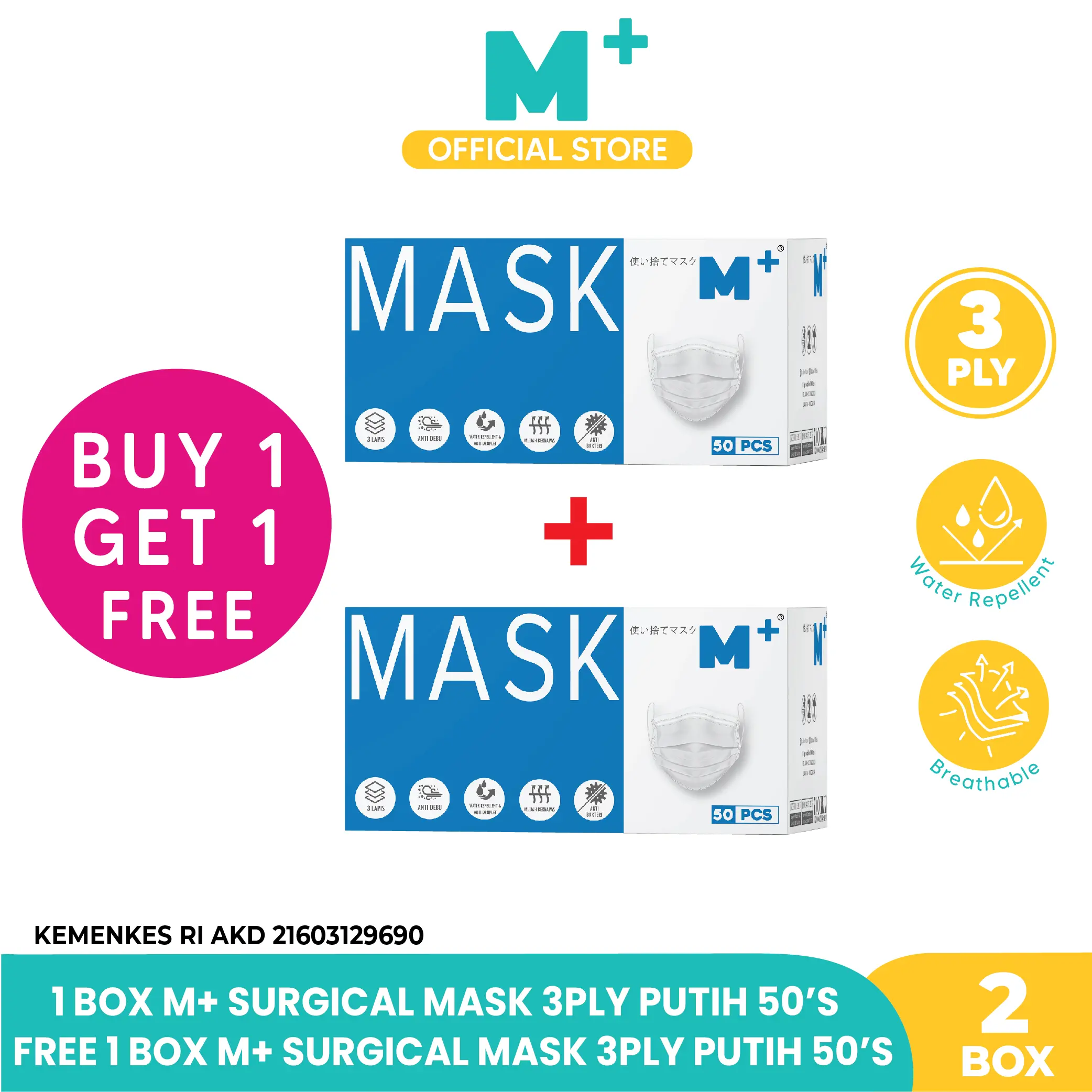 Masker Medis Earloop 3 Ply Paket 2 Box- Surgical Mask Isi 50 Pcs Putih