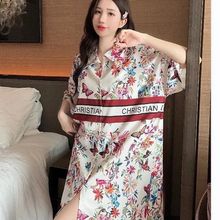 Summer Women's Pajamas High-End Fashion Shirt Collar Ice Silk Printed Loose Midi Cardigan Loungewear Nightdress Plus Size