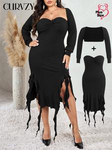 CURVZY Plus Size Two-Piece Set Solid Ribbed Twist Front Ribbon Split Thigh Tube Dress & Long Sleeve Open Front Crop Outwear, Elegant Fashion Outfits for Daily Outdoor Wear, Women Clothing for Fall