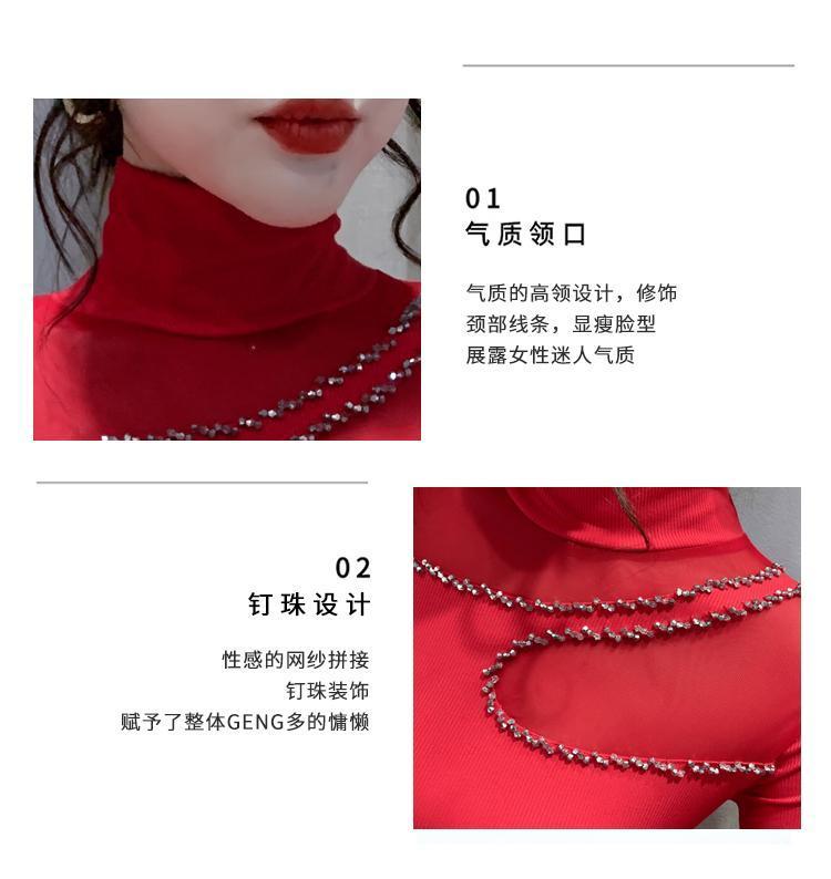 Product Introduction of Áo Mỏng Cho Nữ, Cổ Lọ European Station, Khâu Lưới, Thiết Kế khoét Dài Tay, Dáng Ôm, Hàng Mới Về Năm 2024, Thích Hợp Cho Mùa Thu Và Mùa Đông, Có Dát Kim Cương Top Women Sơ Mi Shirt 5