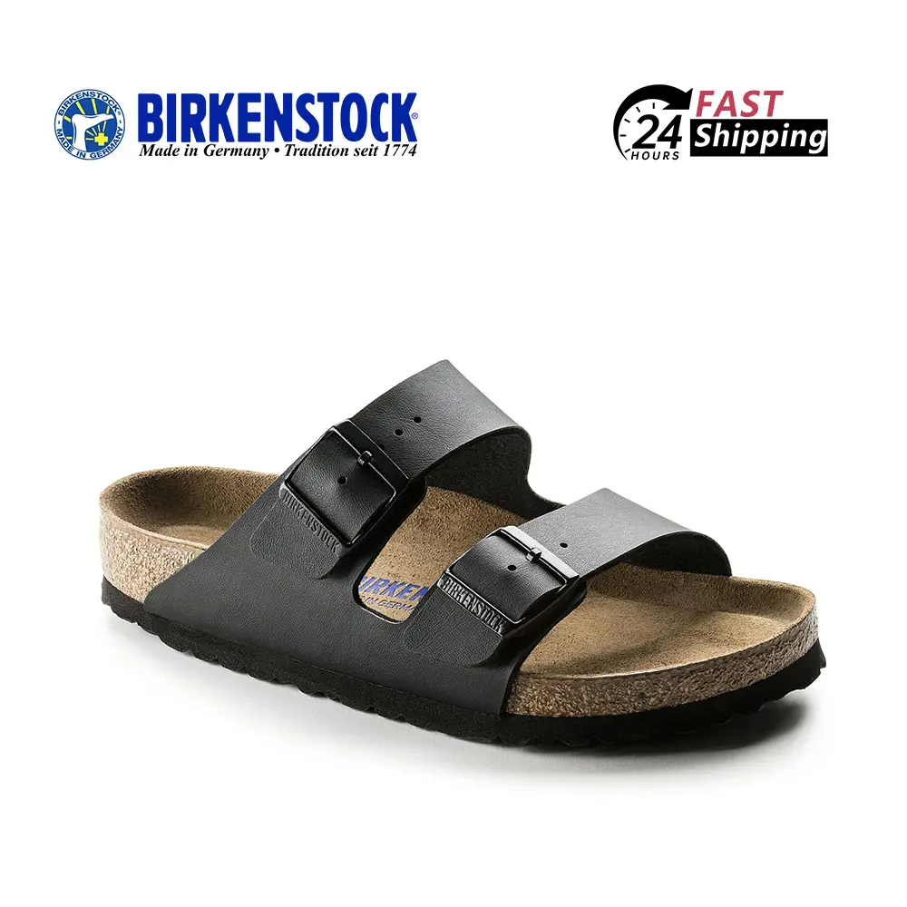 Selipar Butang Berganda Arizona, BIRKENSTOCK, Hitam Pusam, Keselesaan Abadi, Sesuai Boleh Laras, Dipuji Sandal Flip