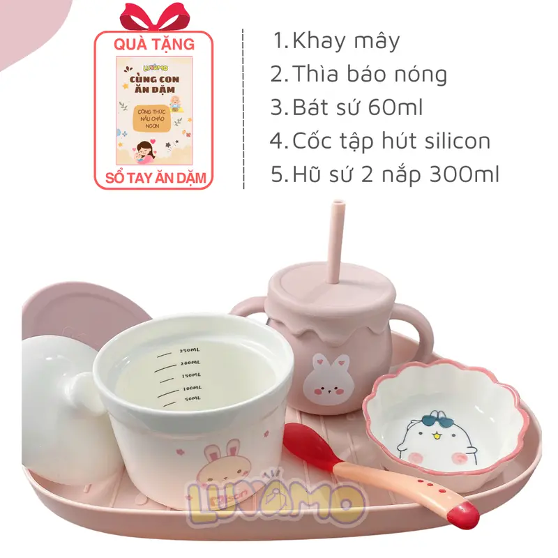 Bộ bát ăn dặm cao cấp cho bé kèm cốc tập hút, bát sứ, thìa cho bé màu sắc đa dạng nghộ nghĩnh Luvamo Kem Voi hũ thủy tinh bát  thìa  ăn  dặm  cho  bé 2