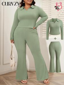CURVZY Plus Size Outfits Solid Long Sleeve Collared Top & Flare Leg Pants Two-Piece Set, Casual Fashion Cozy Ribbed Two Piece Outfits for Daily Outdoor Wear, Women Plus Clothing for Spring & Fall