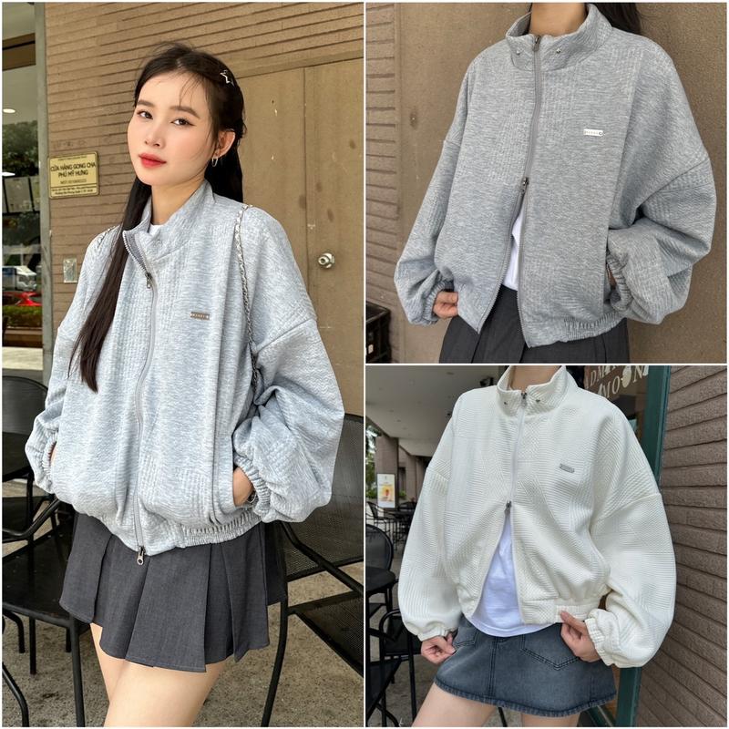 Áo khoác Crop Jacket Cropped Logo DEROSE Kim loại Khoá kéo 2 đầu Nam và Nữ (3 MÀU) Top Women