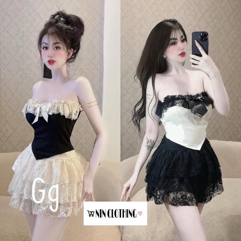 Set Nữ áo quây nơ ren và chân váy tầng ren sang chảnh, set sang chảnh đi tiệc, set sang chảnh đi đâm cưới, set áo và chân váy tầng (có kèm ảnh thật shop tự chụp) Nữ Kem Top Women Nhung 2