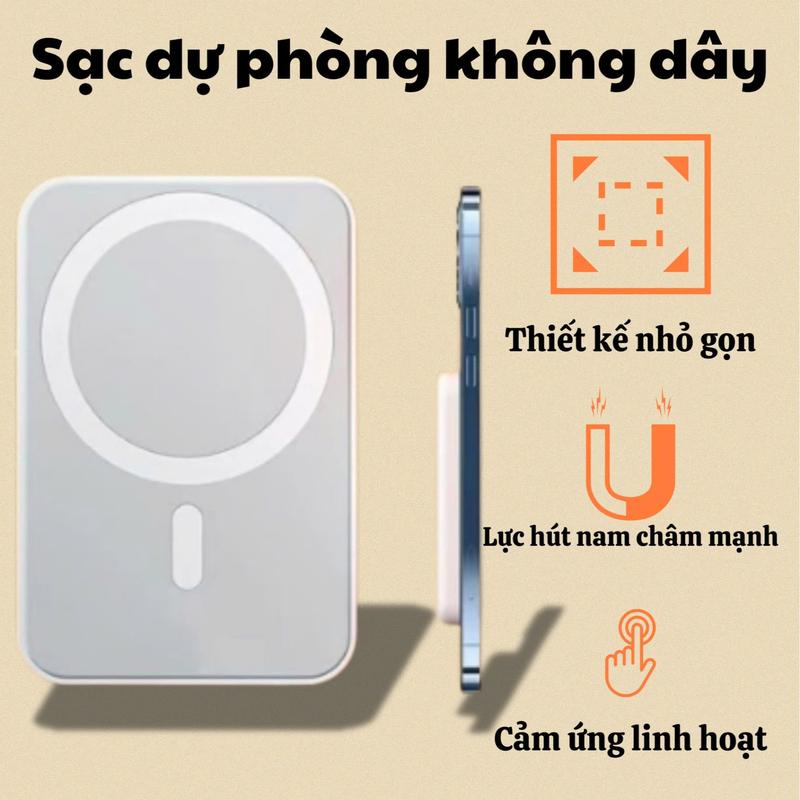 Sạc dự phòng không dây Magsafe 5000MAH ( Tặng kèm dây sạc Usb + Vòng từ tính ) tương thích với điện thoại IPHONE 8 trở lên