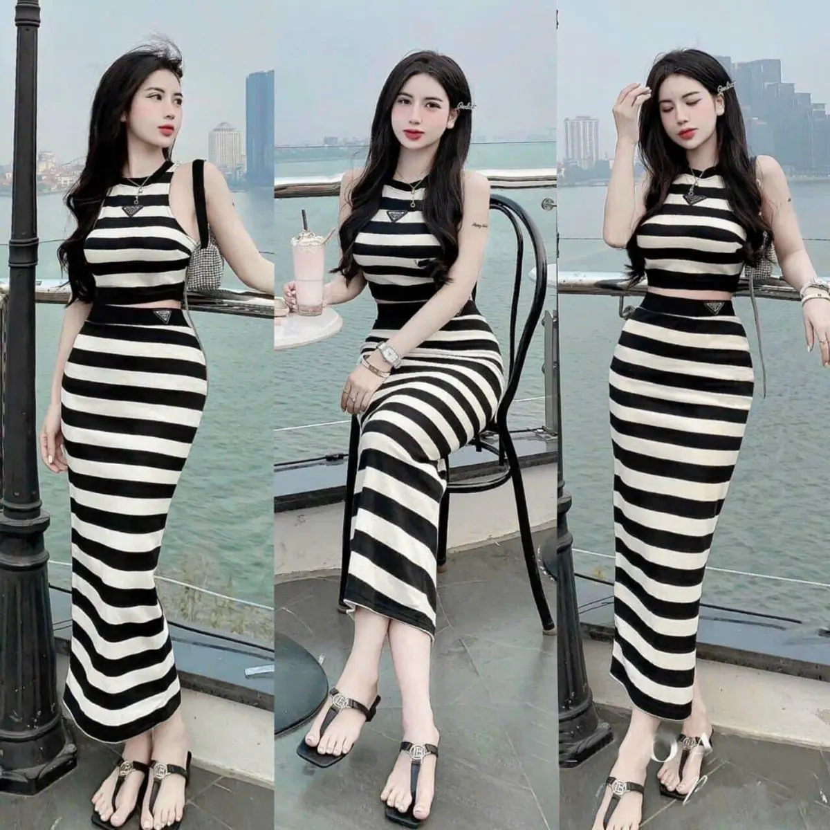 Set váy sọc ngang sát tay logo chân váy dài tôn dáng set hottrend Áo Nữ