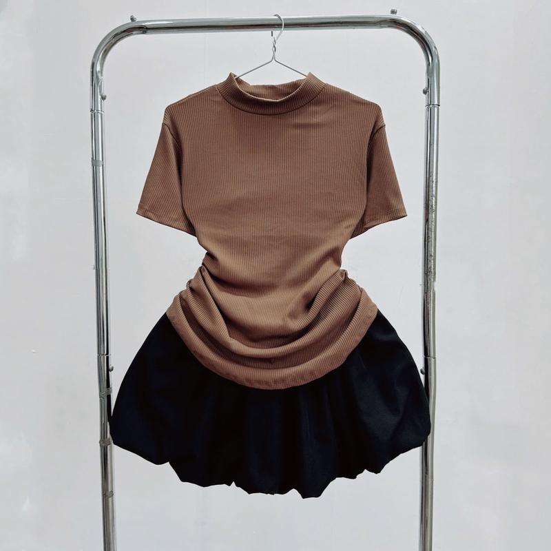 Sét áo váy bigsize tự chọn (áo, váy, sét) áo tay ngắn nhíu eo cổ lọ lai bầu tôn dáng , chân váy bí lụa xoa mềm mại cho nữ Women Top