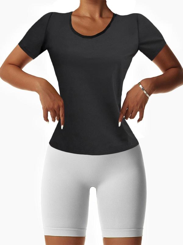 Summer 2024 Women's Solid Color Round Neck Short Sleeve Sauna Top,  Compression Shirts, Tight-fitting Sweat-wicking Crew Neck Sports Tee, Fitness Workout Gym Exercise Top for Women 2